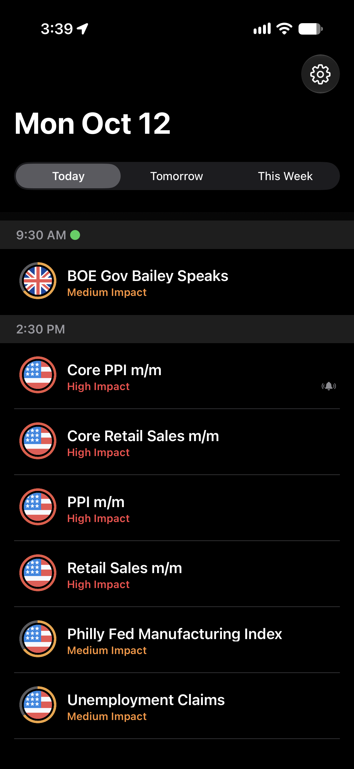 EventView’s real iPhone timeline showing economic releases, impact levels, and event reminders