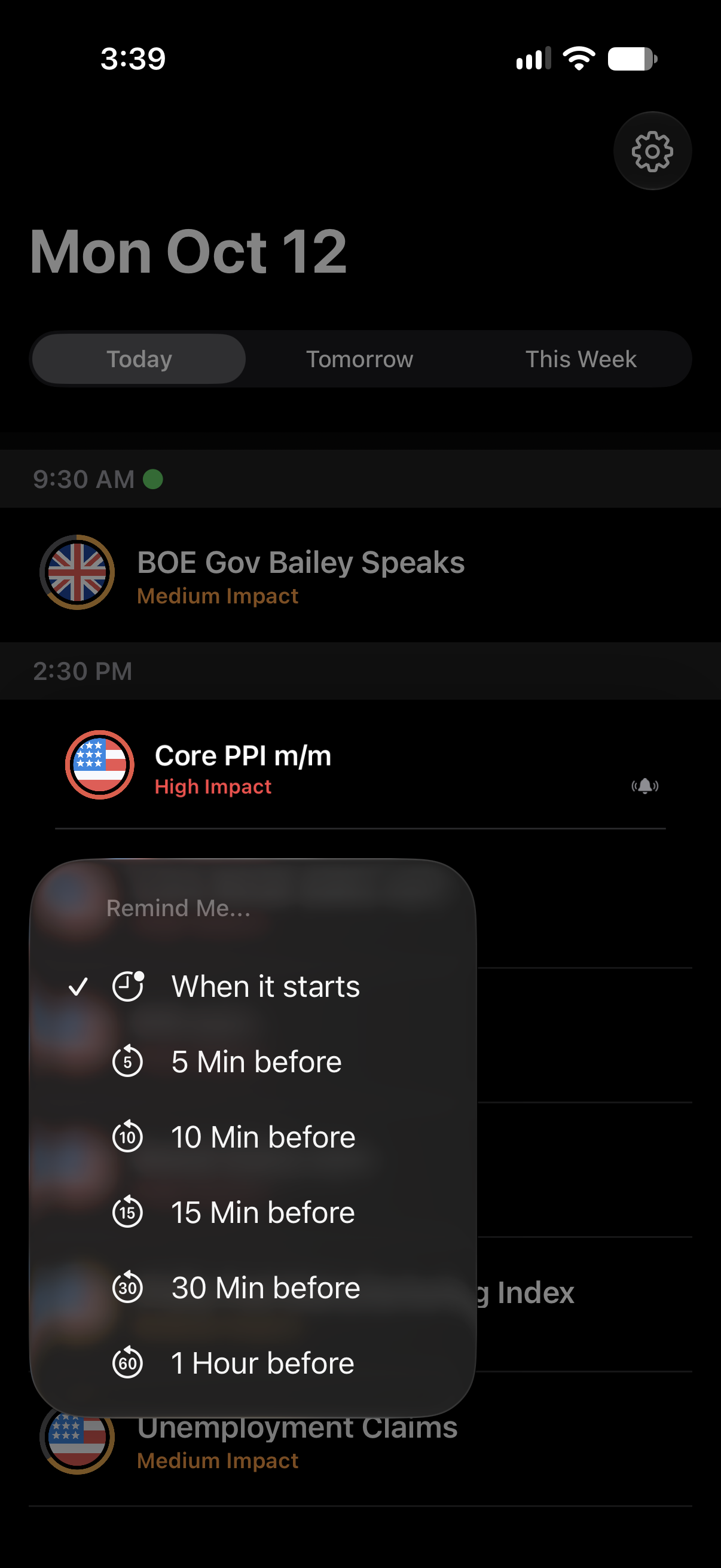 EventView screenshot: The real reminder menu, with alerts at the start or up to an hour before a release.