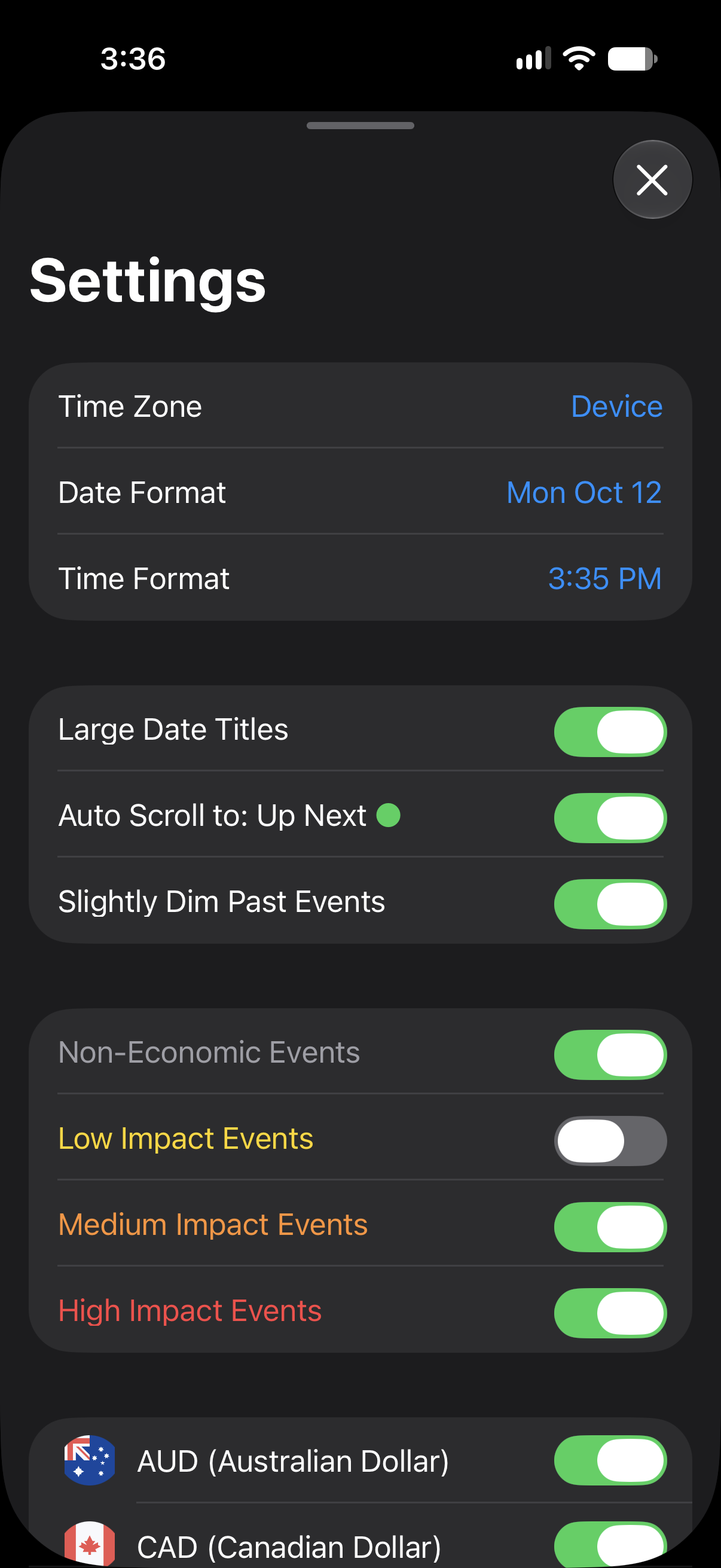 EventView screenshot: Time and date preferences, auto-scroll, dimmed past events, impact filters, and currency settings on iPhone.