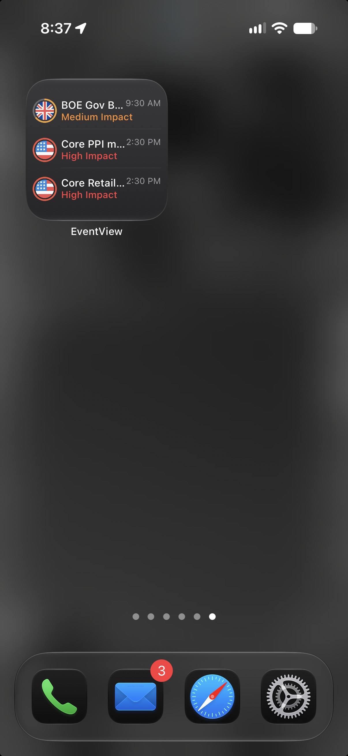 A compact iPhone Home Screen widget showing upcoming events, times, and impact levels.
