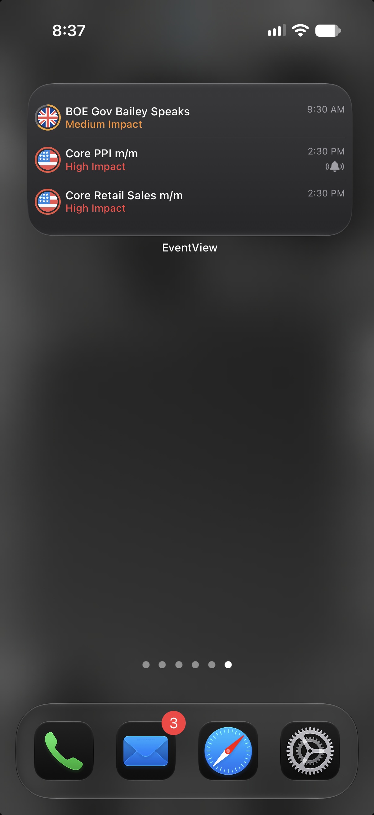 A wide iPhone Home Screen widget showing event names, times, impact levels, and a reminder indicator.